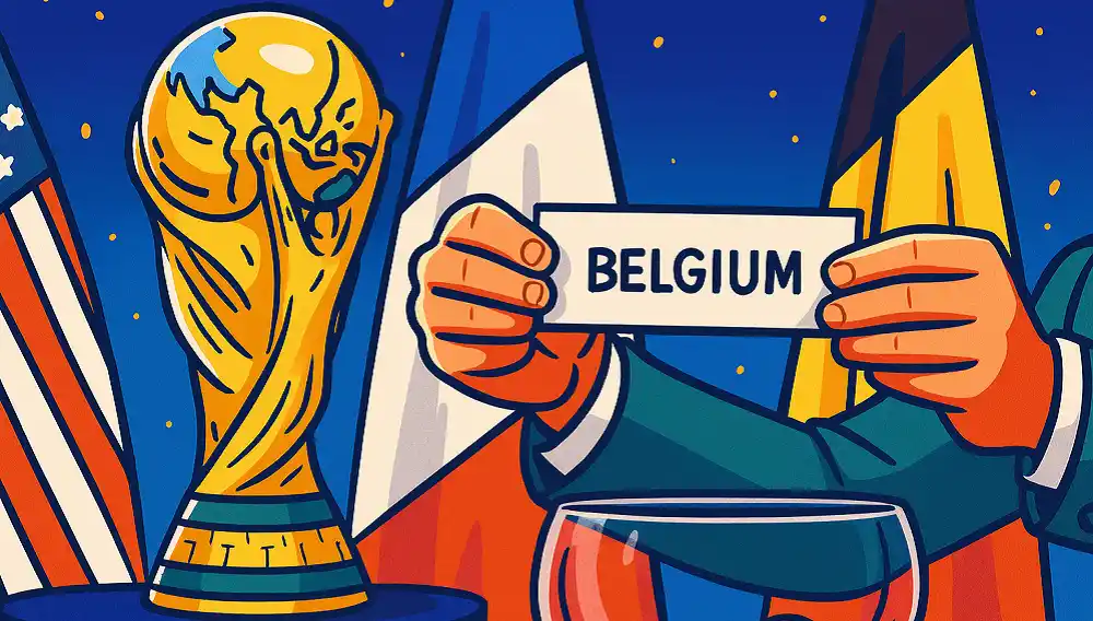 Illustration du tirage de la CDM 2026 avec la Coupe du Monde, des drapeaux en arrière plan et le carton Belgium dévoilé