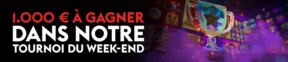 Bannière promotionnelle du tournoi du weekend sur Casino777 avec 1.000 € à gagner et un trophée mis en avant