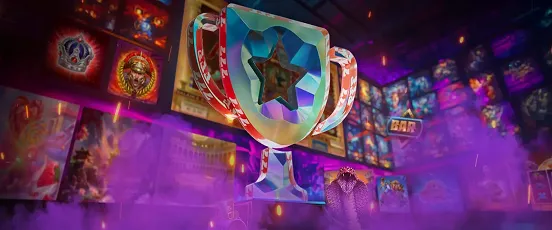 Trophée scintillant du tournoi du weekend sur Casino777 avec en arrière-plan des machines à sous