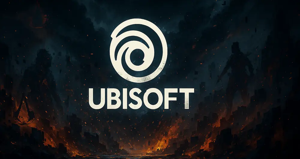 Image dramatique du logo Ubisoft flottant au centre d’un univers chaotique aux teintes sombres