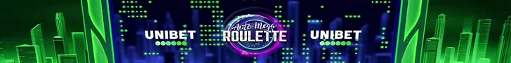 Bannière Unibet Casino Roulette avec fond urbain et effets lumineux néon
