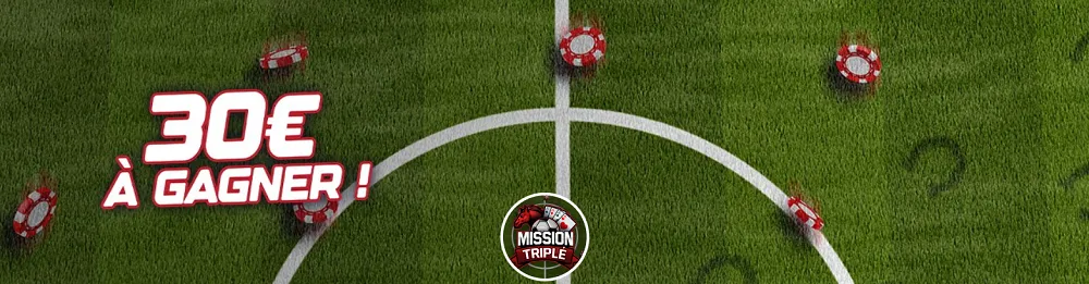 Bannière Unibet.fr annonçant 30€ à gagner avec la mission triple sur un terrain de sport et des jetons poker