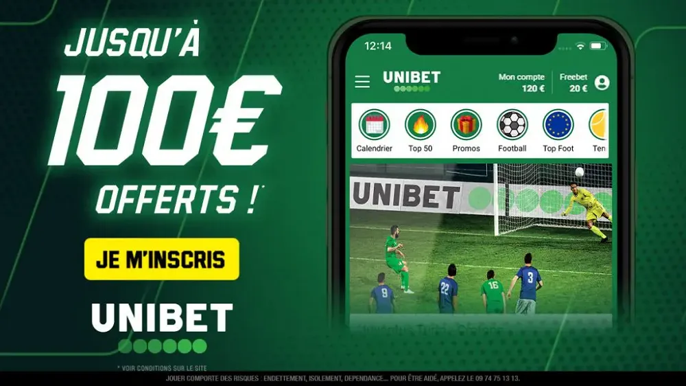 Offre de bienvenue Unibet Sport avec bonus jusqu’à 100€ offerts et application mobile de paris sportifs affichée