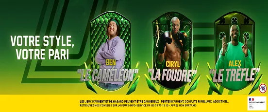 Campagne Unibet Sport avec Ben le Caméléon, Ciryl la Foudre et Alex le Trèfle, slogan votre style votre pari