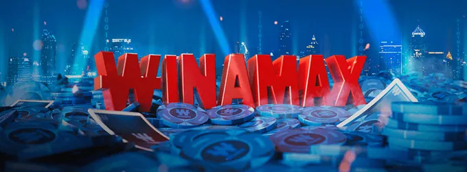 Bannière Winamax avec jetons et logo rouge du site de paris sportifs français sur fond urbain lumineux