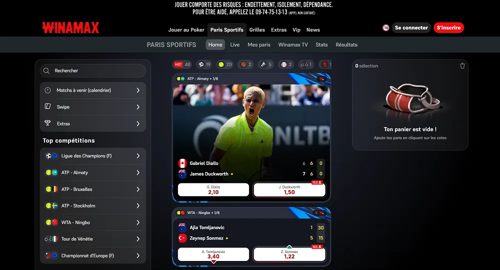 Page d'accueil du site de paris sportifs français Winamax