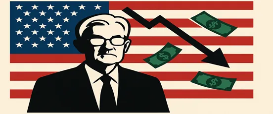 Illustration de la baisse du taux de la FED avec Jerome Powell, drapeau américain en fond et billets de dollars en chute