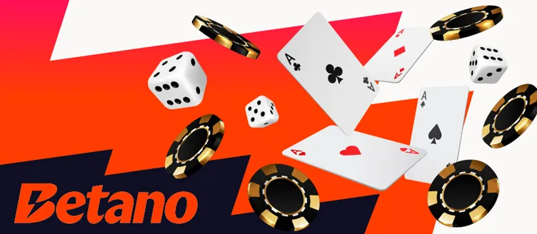 Visuel Betano Casino avec cartes, dés et jetons illustrant les jeux de casino en ligne populaires en Belgique