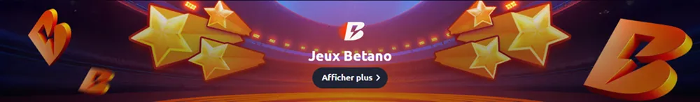 Bannière Jeux Betano Casino avec étoiles dorées et logo B, illustrant l’univers des jeux de casino