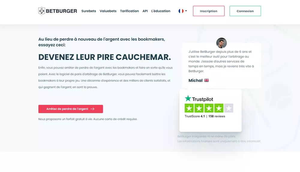 Page d’accueil de BetBurger présentant ses services d’arbitrage, avis clients et notation Trustpilot