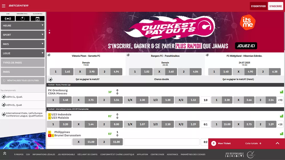 Page d’accueil du site Betcenter avec les cotes des matchs, options de paris et bouton d’inscription
