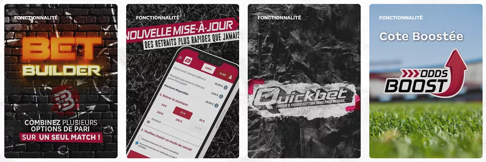Fonctionnalités Betcenter : Bet Builder, retraits rapides, Quickbet et cotes boostées affichées en visuels