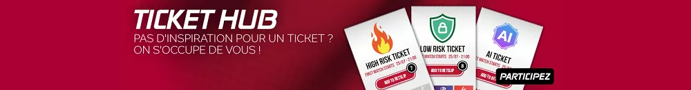 Bannière Ticket Hub de Betcenter avec options de paris AI, risque élevé ou faible