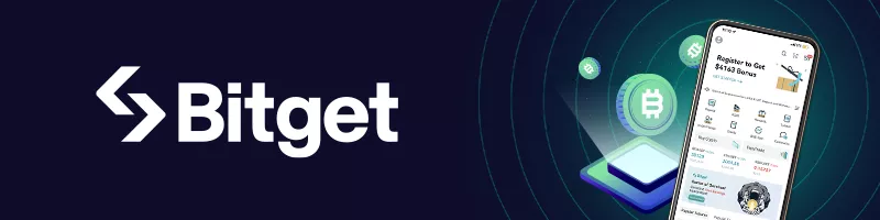 Image promotionnelle de la plateforme crypto Bitget avec application mobile et icônes de cryptomonnaies