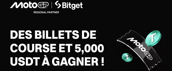 Affiche officielle Bitget x MotoGP annonçant un concours avec 5 000 USDT et des billets de course à gagner pour 2025