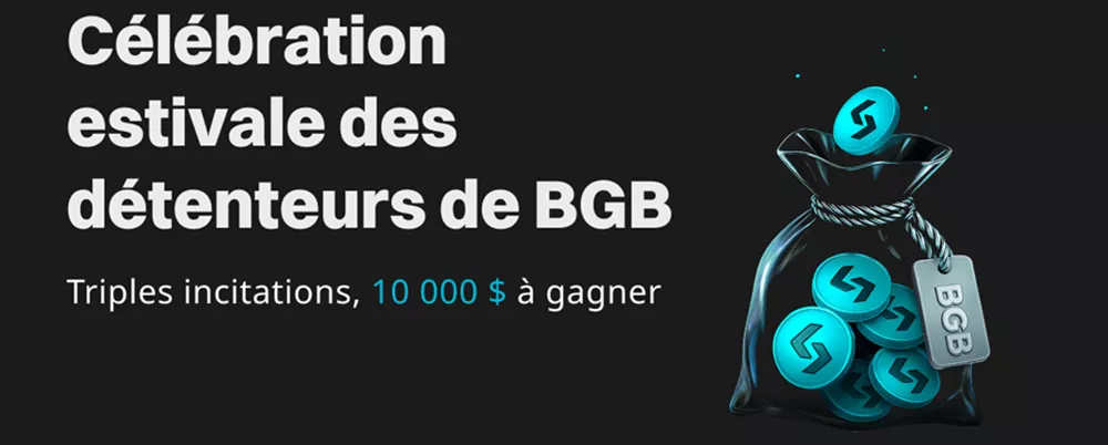 Visuel promotionnel Bitget célébration estivale BGB avec 10 000 USDT à gagner et icône de jetons dans un sac noir