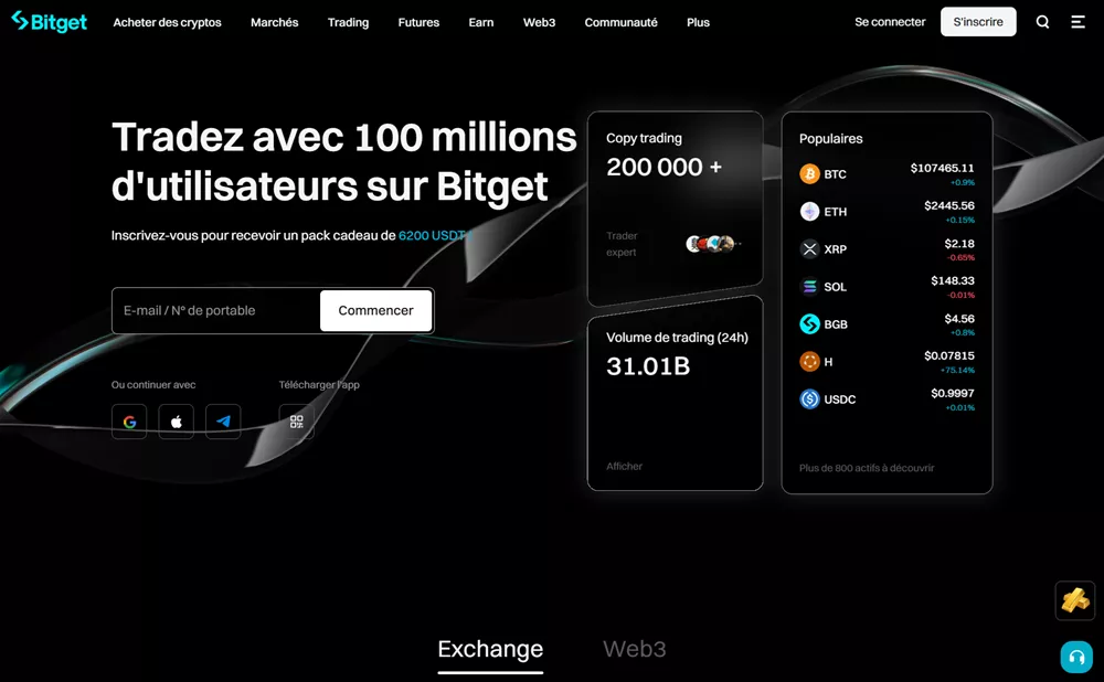 Page d’accueil de la plateforme Bitget avec offres de copy trading, volume de trading et cryptomonnaies populaires affichées