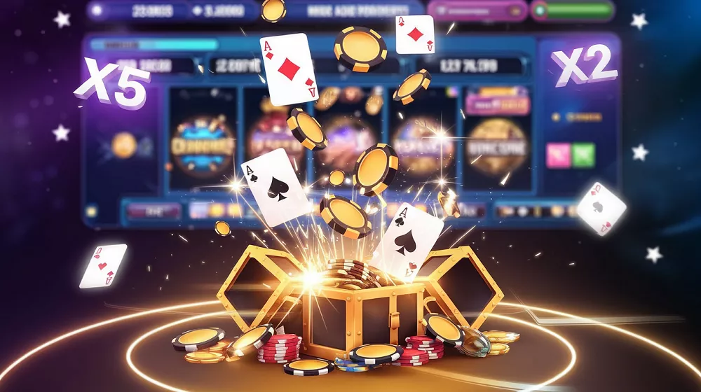Coffre de casino en ligne rempli de jetons, cartes et multiplicateurs bonus X2 et X5 sur fond de machines à sous