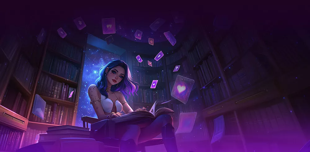 Illustration d’une femme sexy dans une bibliothèque magique entourée de cartes flottantes du jeu Booby Legends