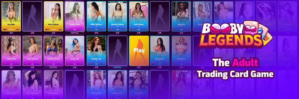 Cartes de personnages féminins du jeu Booby Legends avec le slogan The Adult Trading Card Game sur fond violet
