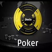  Jeton de poker noir et jaune avec le logo Bwin Poker posé sur une table de jeu, ambiance sombre et professionnelle