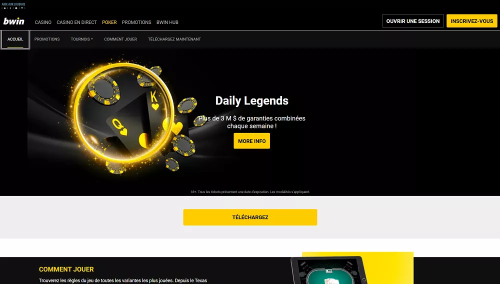 Page d’accueil de Bwin Poker présentant les tournois Daily Legends avec plus de 3 millions de dollars garantis chaque semaine