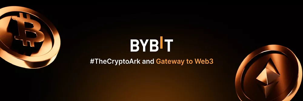 Bannière Bybit avec logo central, slogan TheCryptoArk et deux pièces crypto Bitcoin et Ethereum en cuivre
