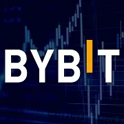 Logo Bybit en blanc sur fond de graphique boursier bleu, illustrant le trading de cryptomonnaies