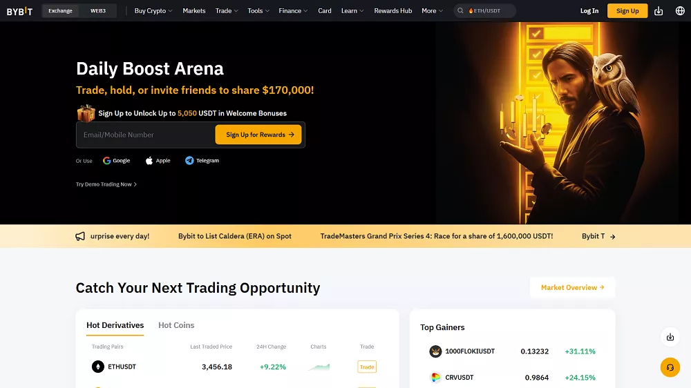Page d’accueil de la plateforme Bybit avec offres de trading, inscription, et visuel promotionnel en jaune et noir