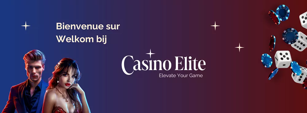 Bannière Casino Elite avec message bilingue et visuels de joueurs, jetons et dés de casino