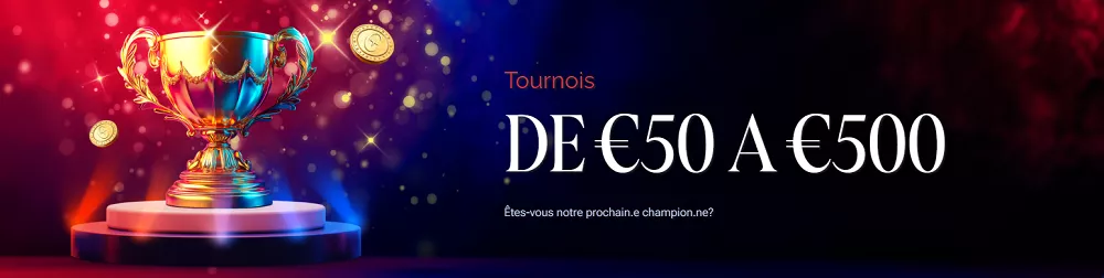 Visuel promotionnel des tournois Casino Elite avec des prix allant de 50€ à 500€ et une coupe dorée sur fond coloré