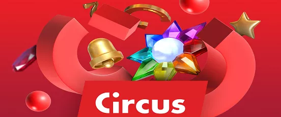 Visuel promotionnel de Circus Casino avec icônes de machines à sous sur fond rouge vibrant