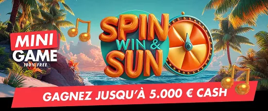 Jeu gratuit Spin Win & Sun de Circus Casino avec roue et prix cash jusqu’à 5.000 € à gagner cet été en Belgique