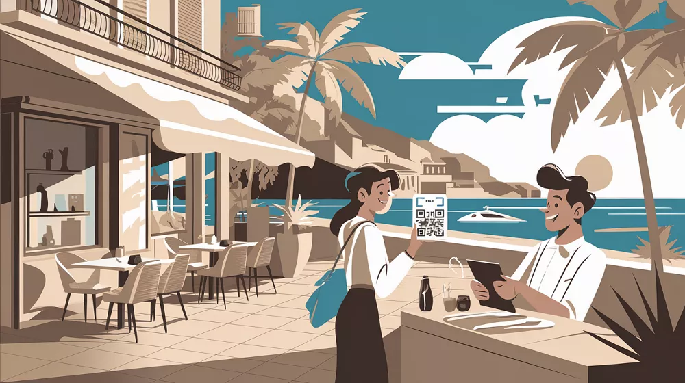 Une cliente paie en cryptomonnaies sur la Côte d’Azur en scannant un QR code dans un restaurant en bord de mer