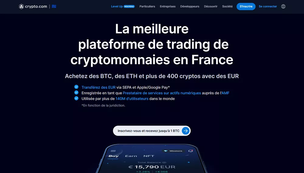 Page d’accueil de Crypto.com affichant sa promesse comme meilleure plateforme de trading crypto en France