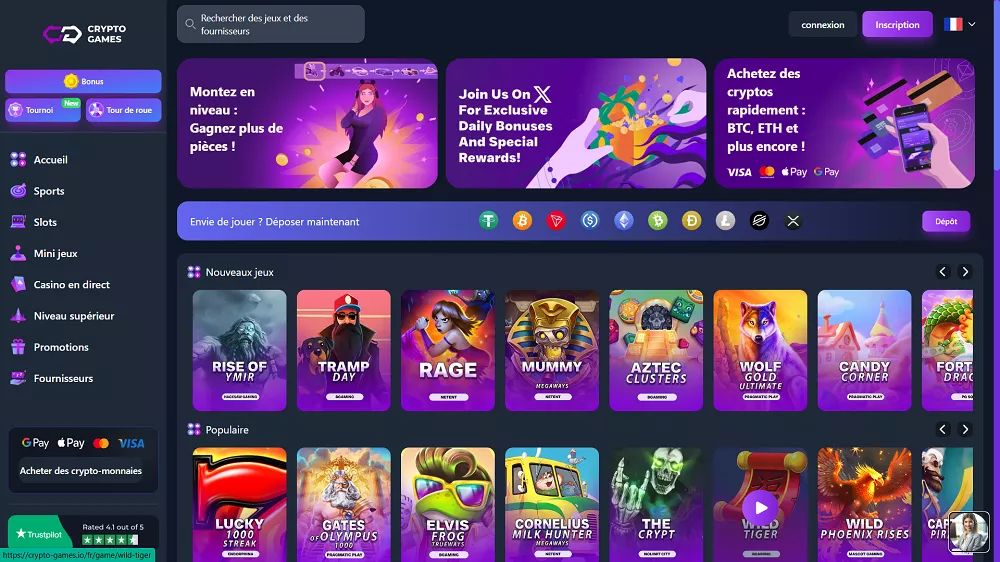 Page d’accueil du casino Crypto-Games avec jeux populaires, slots en ligne et options de dépôt en cryptomonnaies