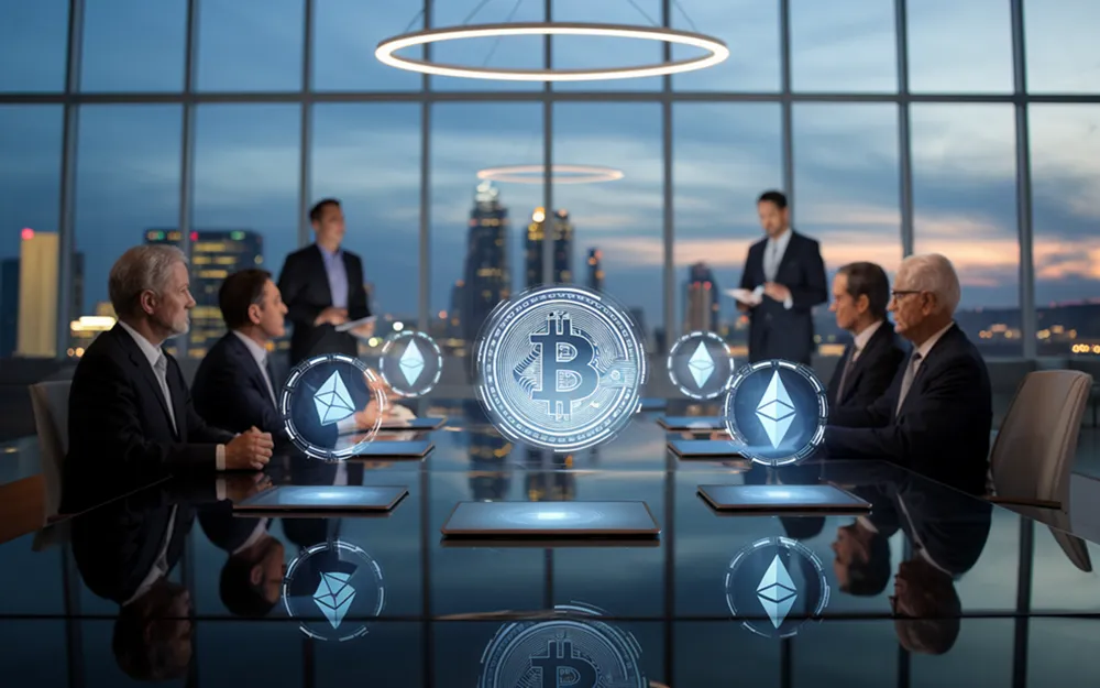 Réunion de dirigeants américains autour d’hologrammes de cryptomonnaies comme le bitcoin