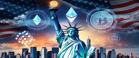 Statue de la Liberté brandissant un bitcoin, entourée de symboles de cryptomonnaies aux États-Unis