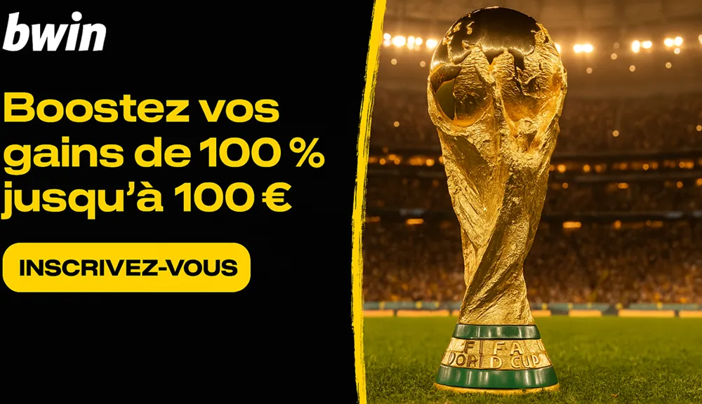 Bannière bwin Coupe du Monde 2026 avec la promotion boostez vos gains de 100 % jusqu’à 100 €