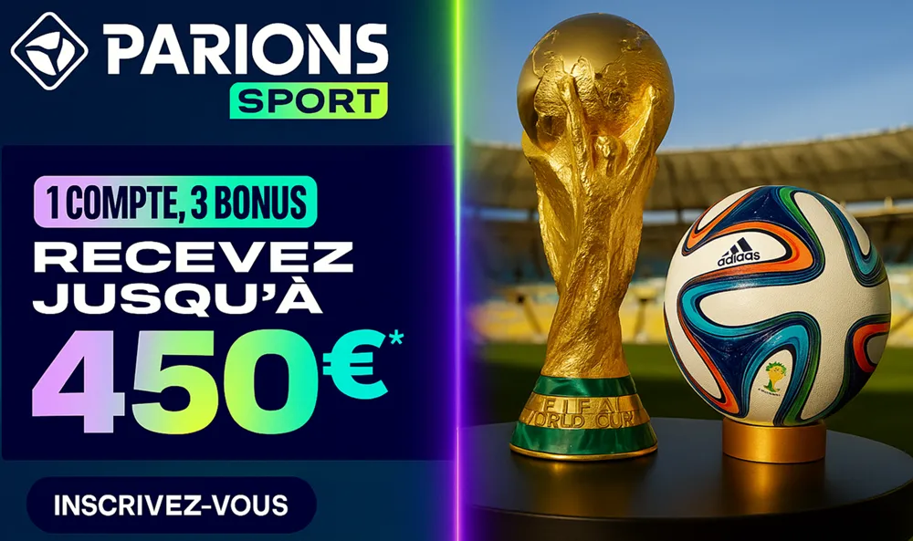 Bannière Parions Sport Coupe du Monde 2026 avec offre jusqu’à 450 € et visuel trophée FIFA et ballon officiel