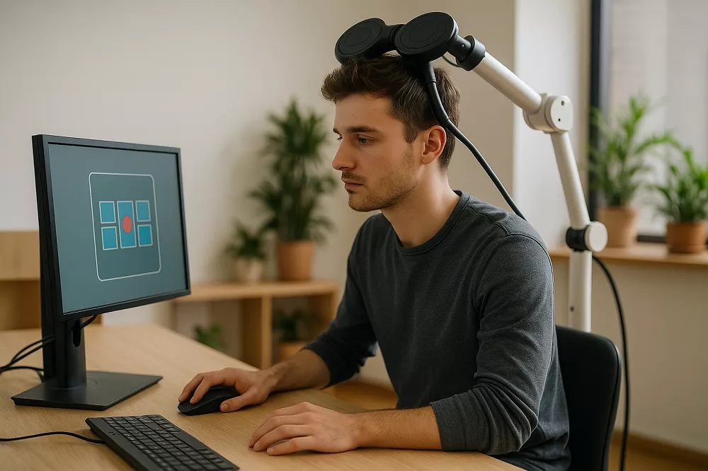 Participant concentré devant un écran lors d’une étude sur les jeux d’argent en ligne avec stimulation TMS