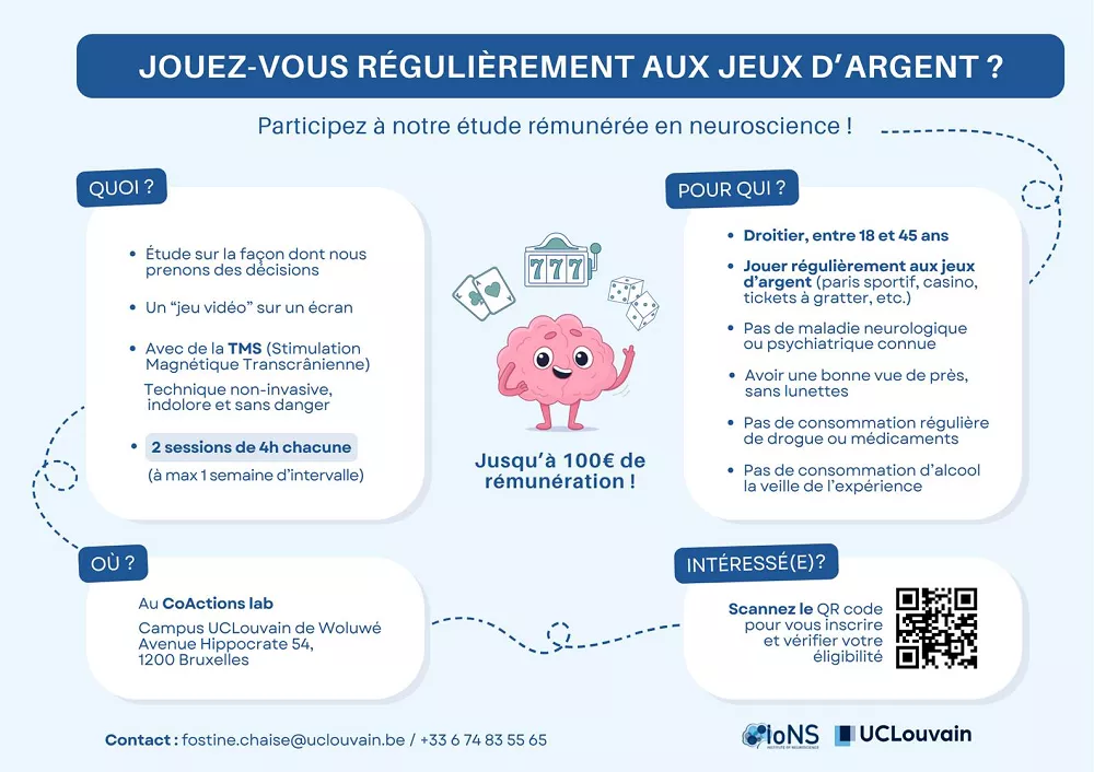 Affiche de l’UCLouvain pour une étude rémunérée sur les jeux d’argent en ligne avec deux sessions de 4h à Bruxelles