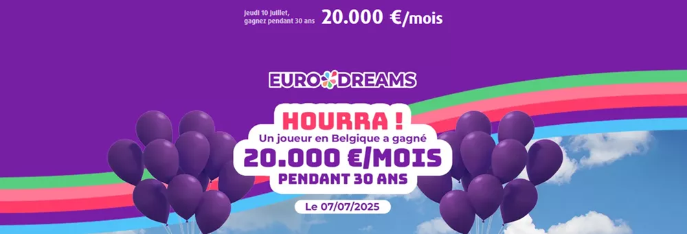 "Visuel EuroDreams annonçant un gagnant belge de 20.000€/mois pendant 30 ans au jeu de loterie EuroDreams le 7 juillet 2025