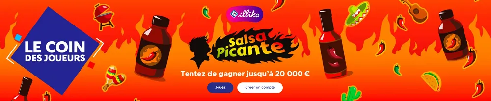 Bannière FDJ Illiko Salsa Picante avec ambiance mexicaine, flammes, piments et promesse de gain jusqu’à 20 000 €