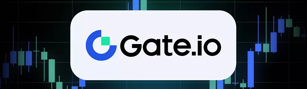Logo de la plateforme Gate.io affiché sur fond de graphique de trading en chandeliers japonais