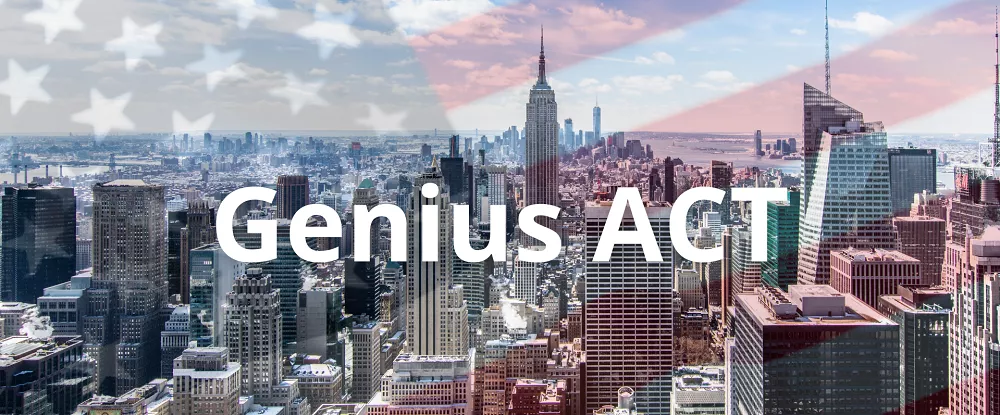 Vue de New York avec le texte Genius ACT en surimpression et le drapeau américain en fond transparent