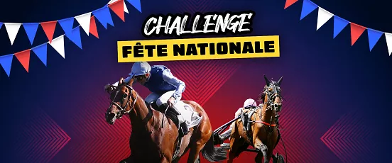 Visuel promotionnel Genybet Turf Challenge Fête Nationale 2025 avec deux chevaux de course en pleine action