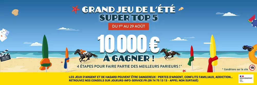Visuel du Grand Jeu de l’Été Genybet Super Top 5 avec 10 000 € à gagner du 1er au 29 août sur 4 étapes de paris hippiques