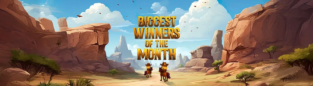 Illustration western Golden Palace Casino mettant en avant les plus grands gagnants du mois avec décor désert et cowboy