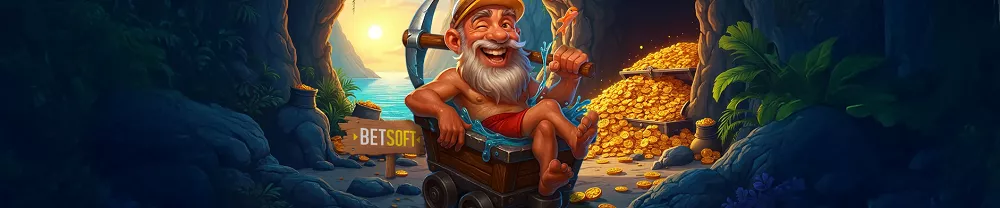 Jeu Betsoft avec mineur joyeux devant un tas de pièces d’or dans la promo Hot Drops de Golden Palace Casino